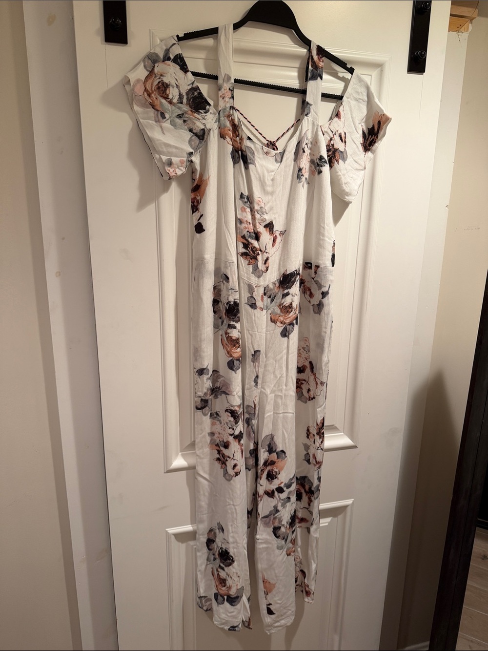 Moon River lined White Floral Off-Shoulder Jumpsuit with Peach & Gray Blooms